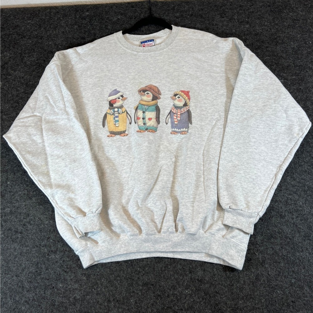 Vintage 90s Penguin Winter Hats Christmas Sweatshirt Mens XL Gray Cotton Blend